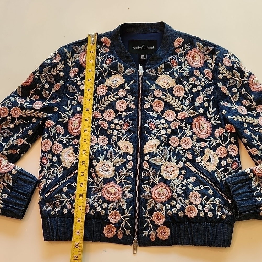 Needle & Thread Sundaze Floral Embroidered Denim Bomber Jacket 2 - Picture 12 of 13